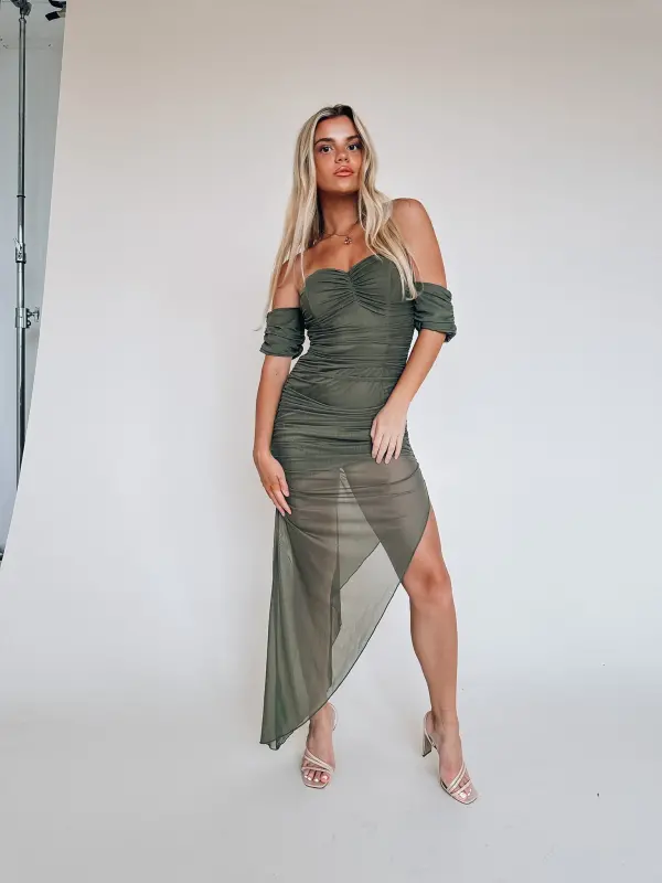 Olive Ruched Midi Dress