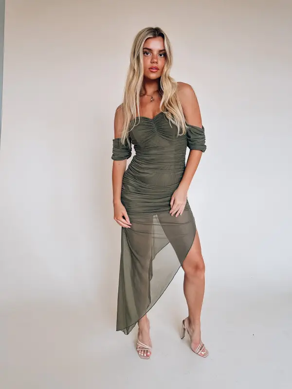 Olive Ruched Midi Dress