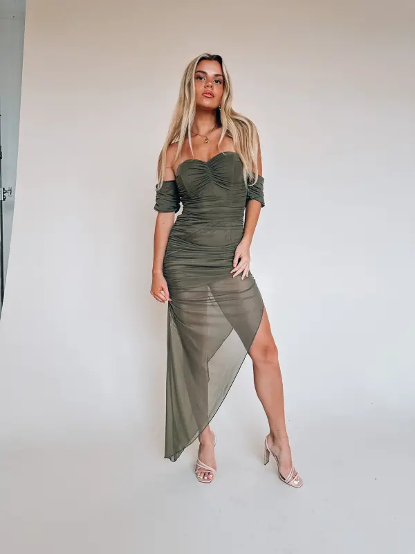 Olive Ruched Midi Dress