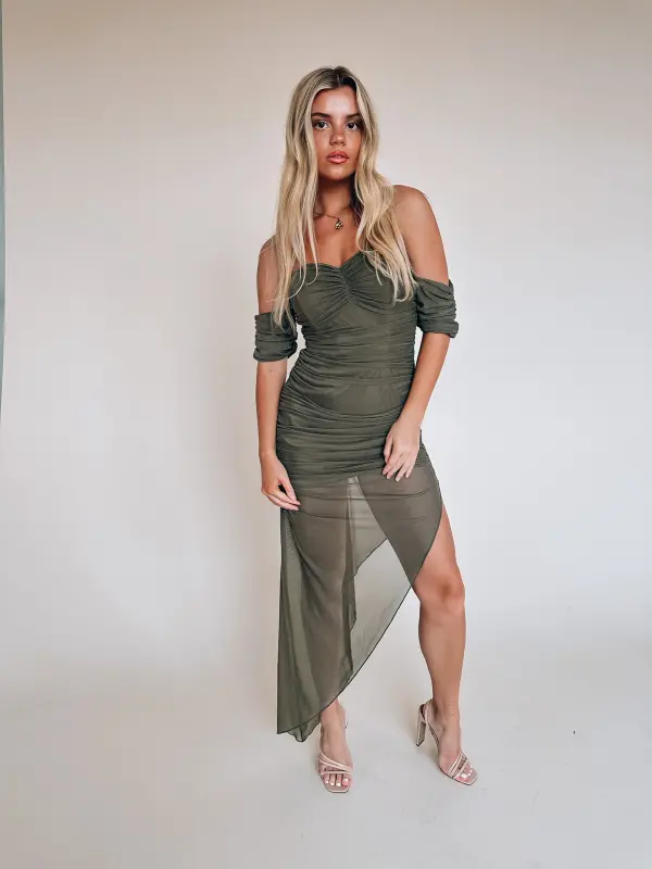 Olive Ruched Midi Dress