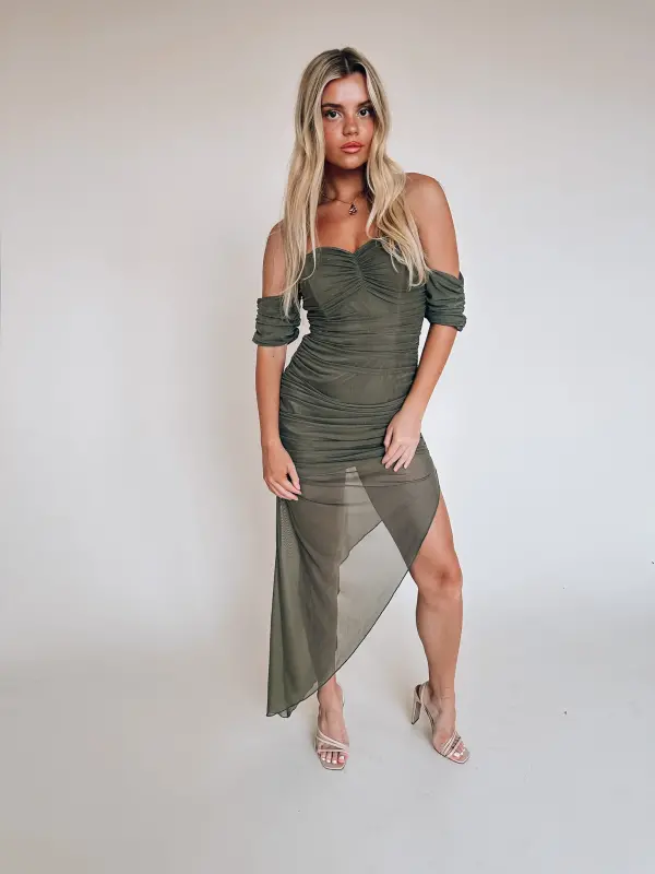 Olive Ruched Midi Dress