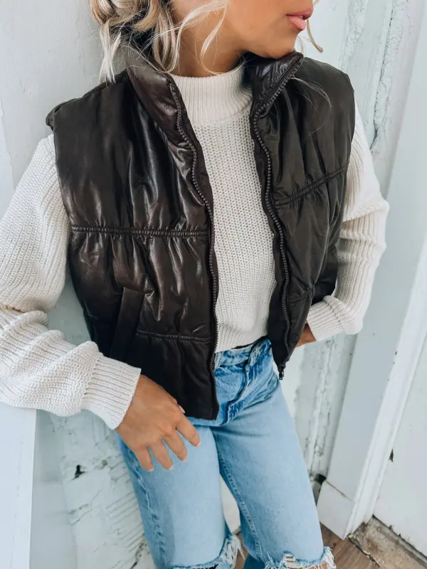 Brown Pleather Puffer Vest