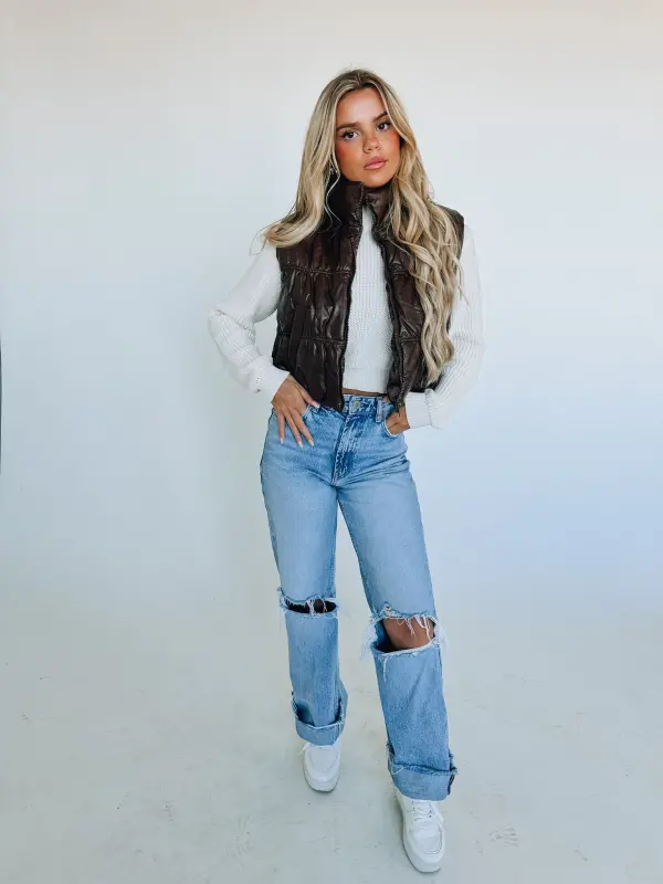 Brown Pleather Puffer Vest