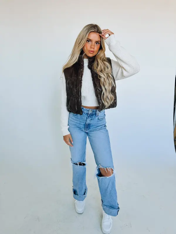 Brown Pleather Puffer Vest