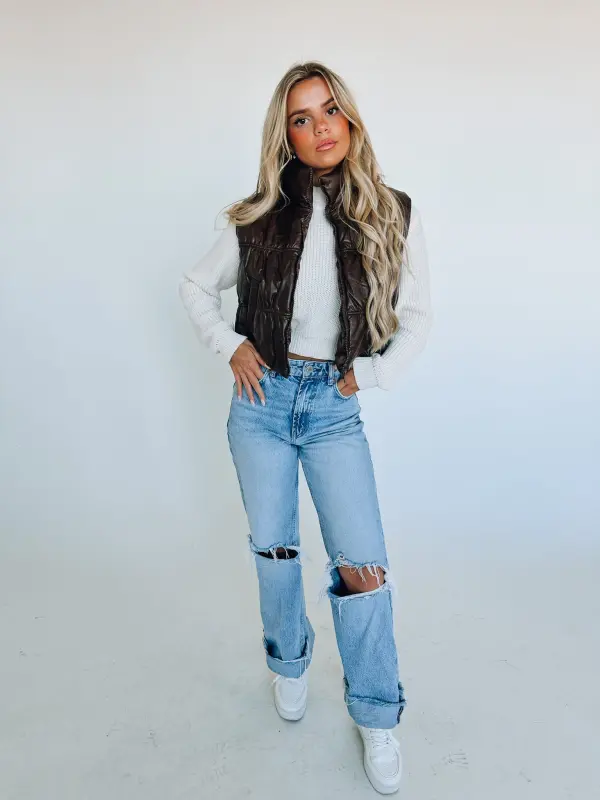 Brown Pleather Puffer Vest