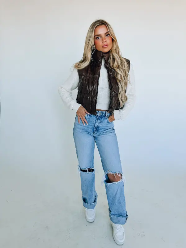 Brown Pleather Puffer Vest