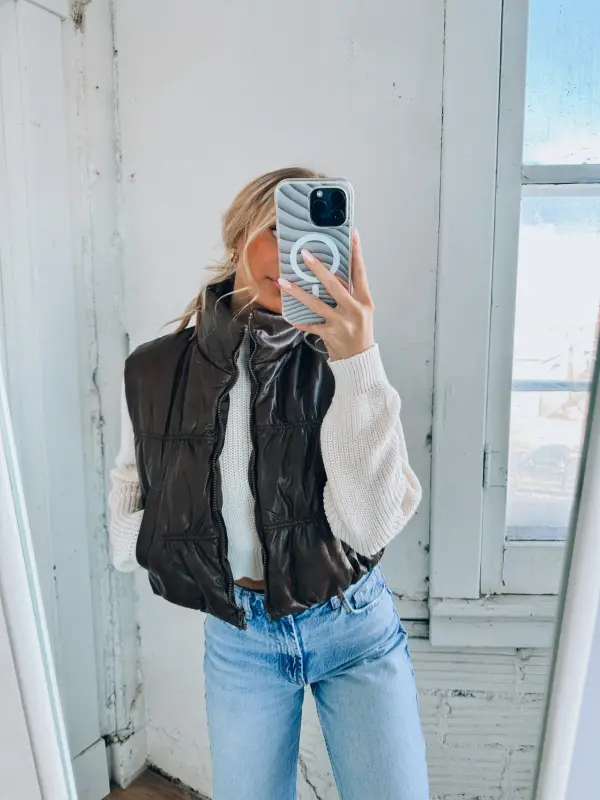 Brown Pleather Puffer Vest